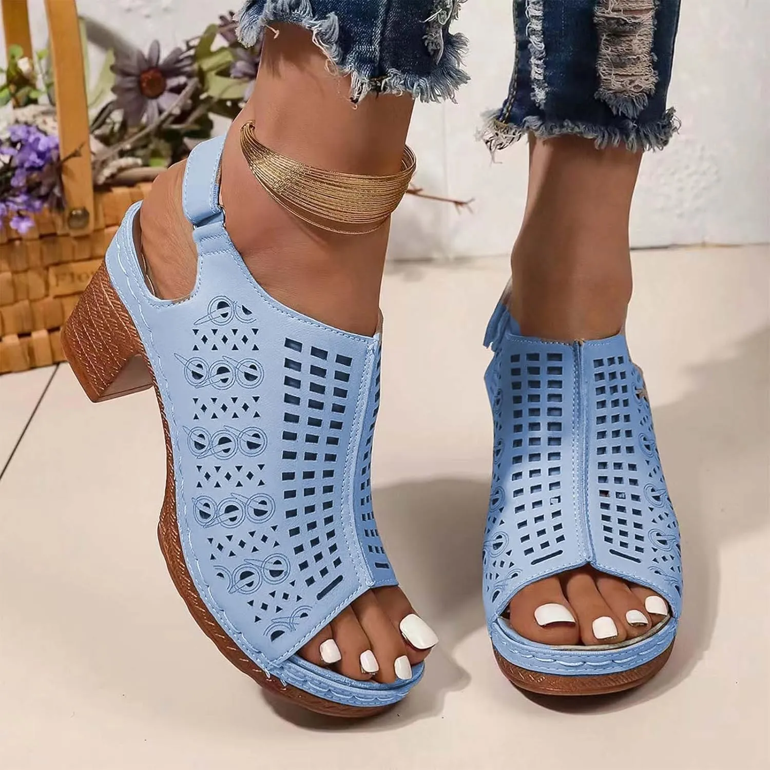 Women's Ankle Strap Low Chunky Heels Open Toe Blocked Strappy Sandals Dress Shoes for Wedding Bridal Party