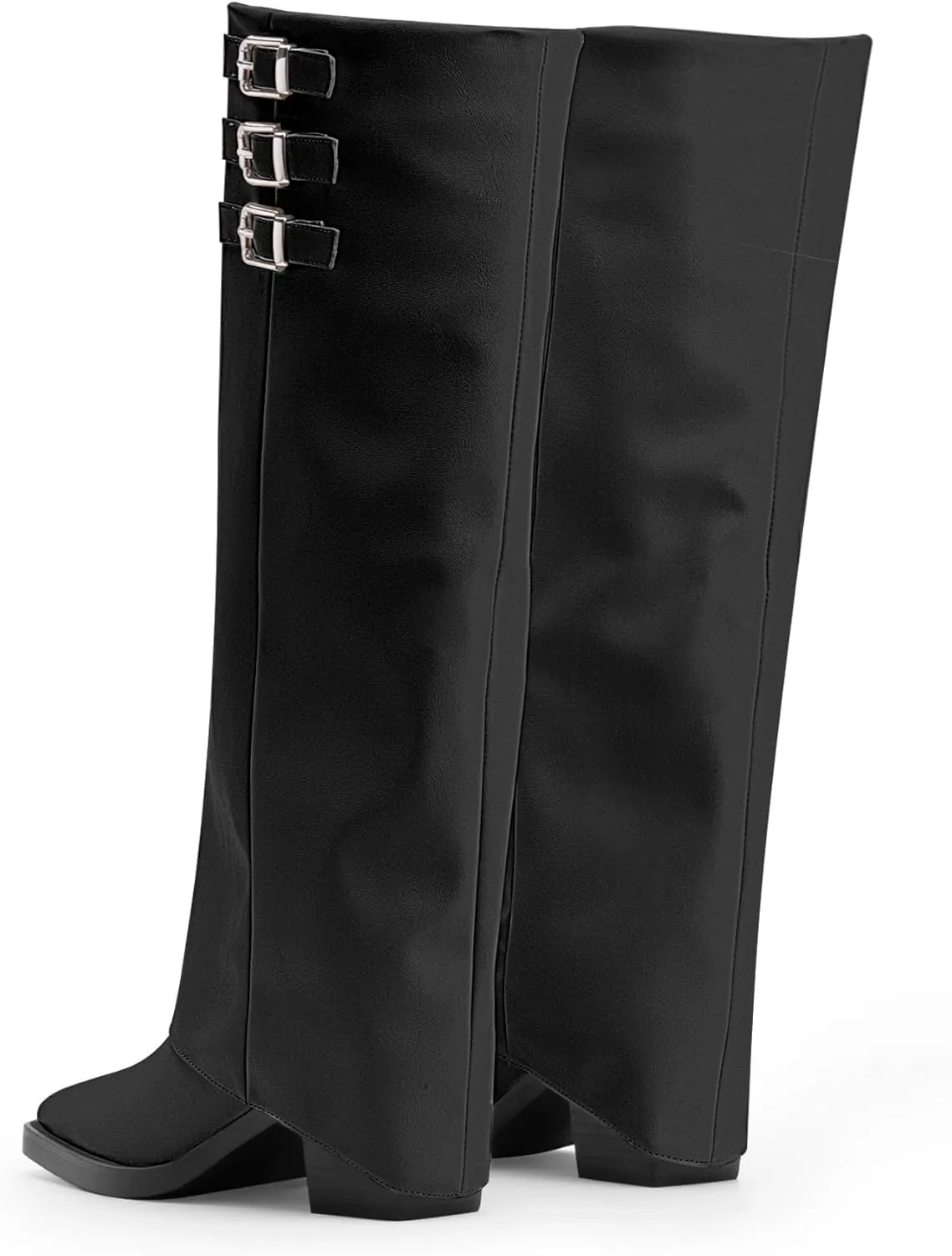 Women's Block High Heel Square Toe Buckle Strap Fold Over Knee High Boots