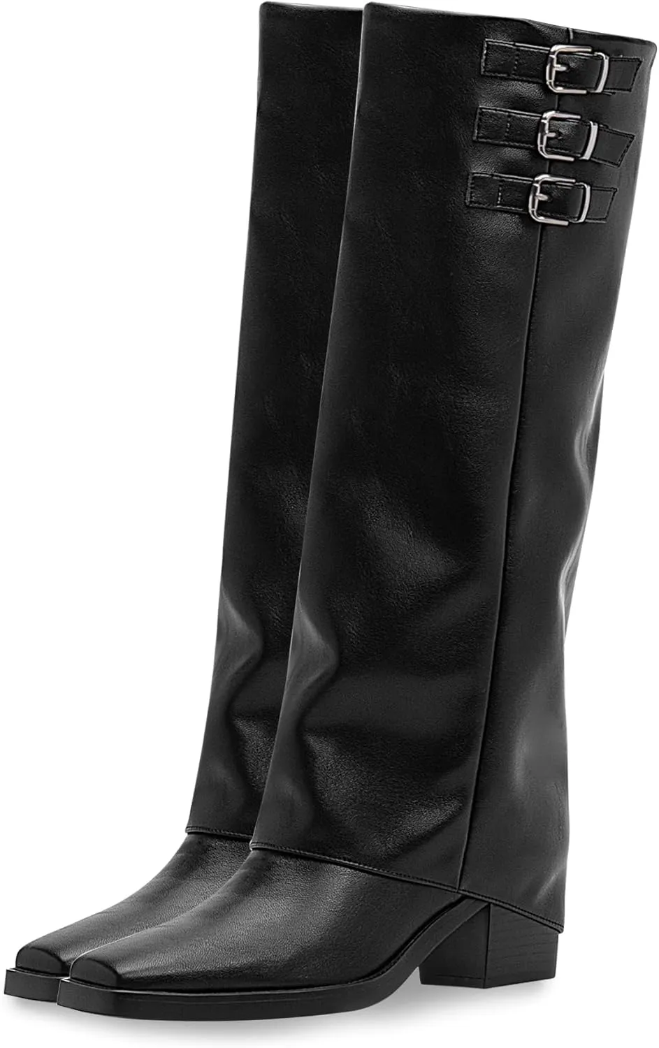 Women's Block High Heel Square Toe Buckle Strap Fold Over Knee High Boots
