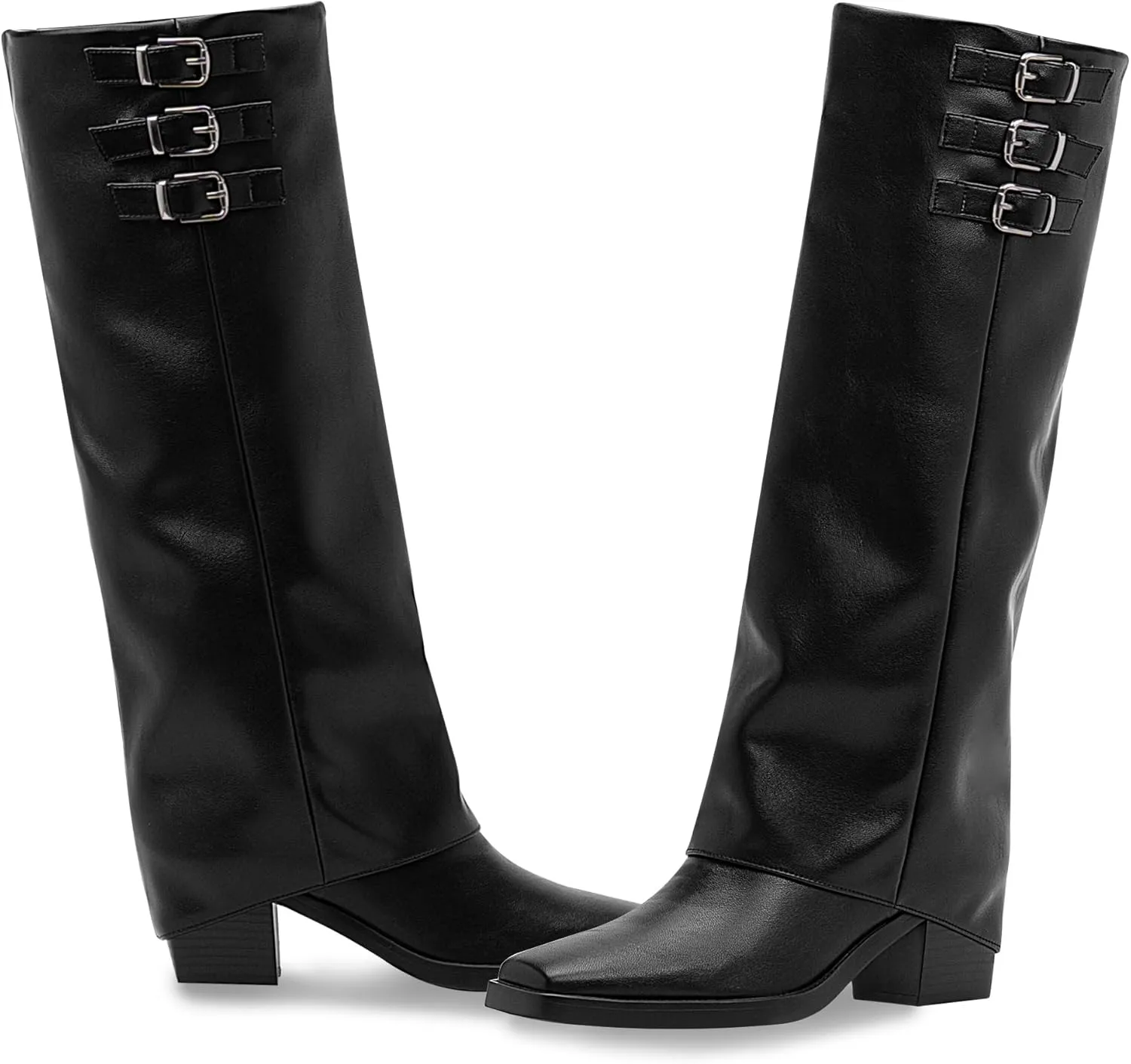 Women's Block High Heel Square Toe Buckle Strap Fold Over Knee High Boots