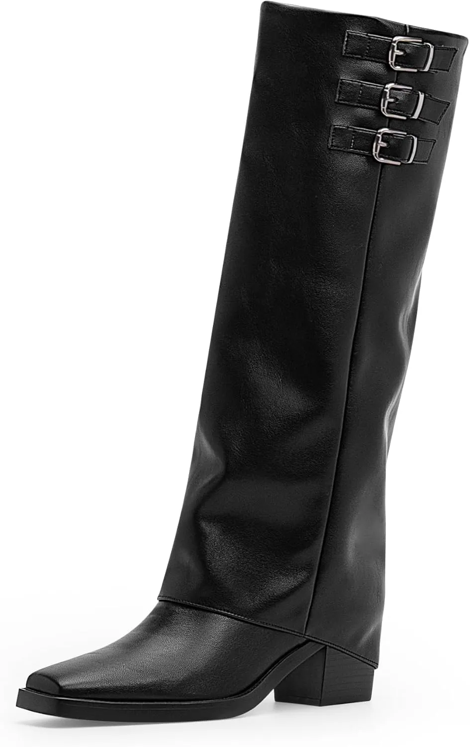 Women's Block High Heel Square Toe Buckle Strap Fold Over Knee High Boots
