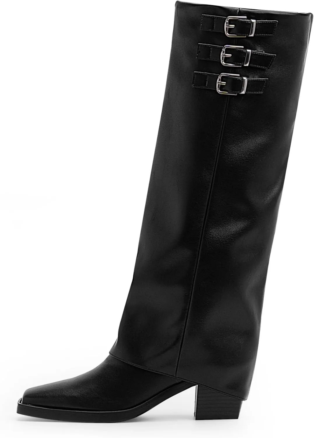 Women's Block High Heel Square Toe Buckle Strap Fold Over Knee High Boots