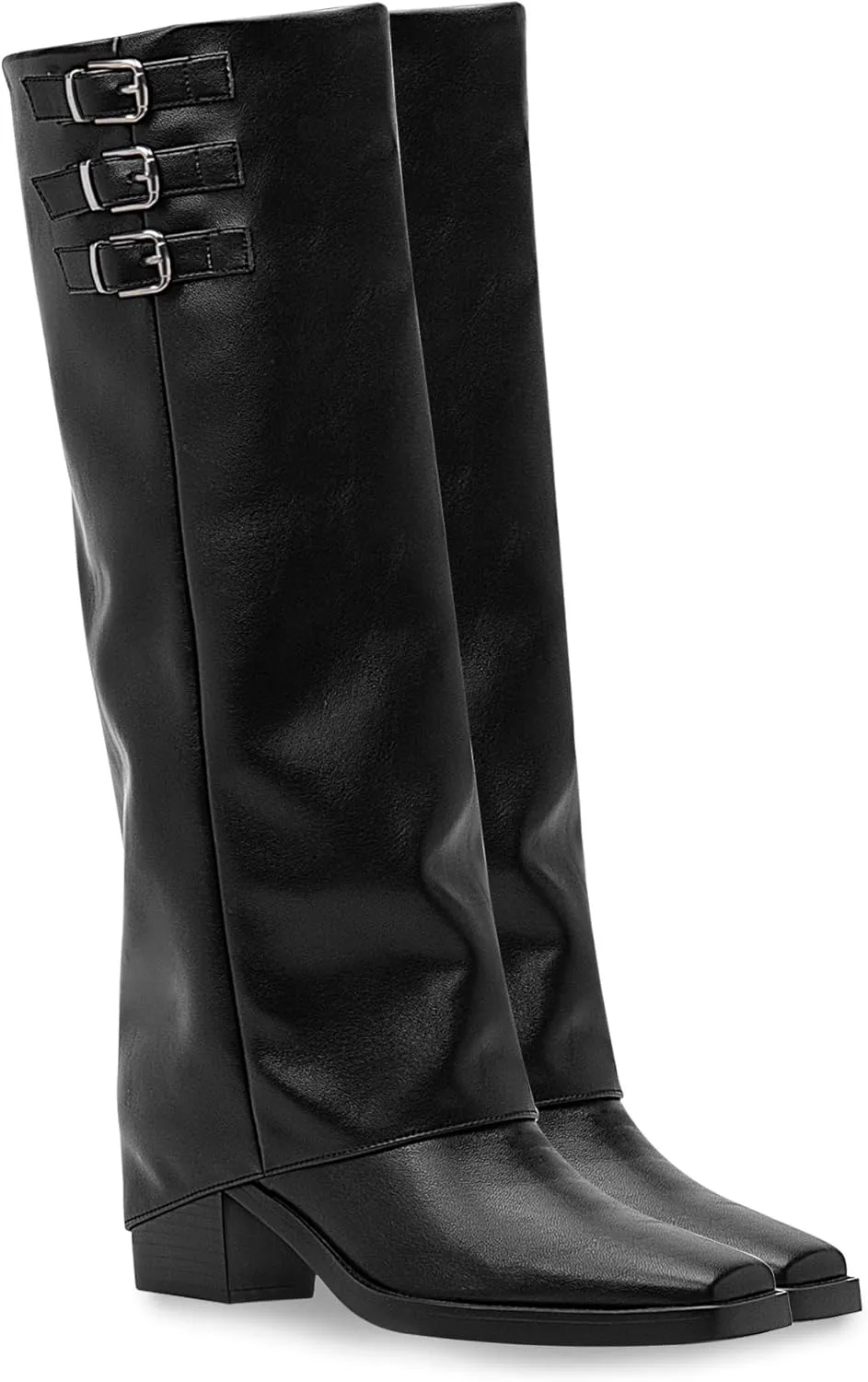 Women's Block High Heel Square Toe Buckle Strap Fold Over Knee High Boots