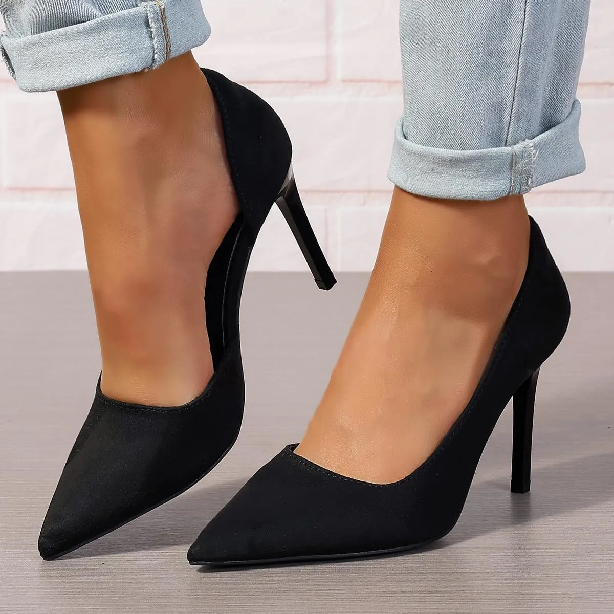 Women's Closed Toe Heels Pumps Suede Kitten Heeled Sandals Sexy Pointed Toe High Heels Wedding Dressy Shoes