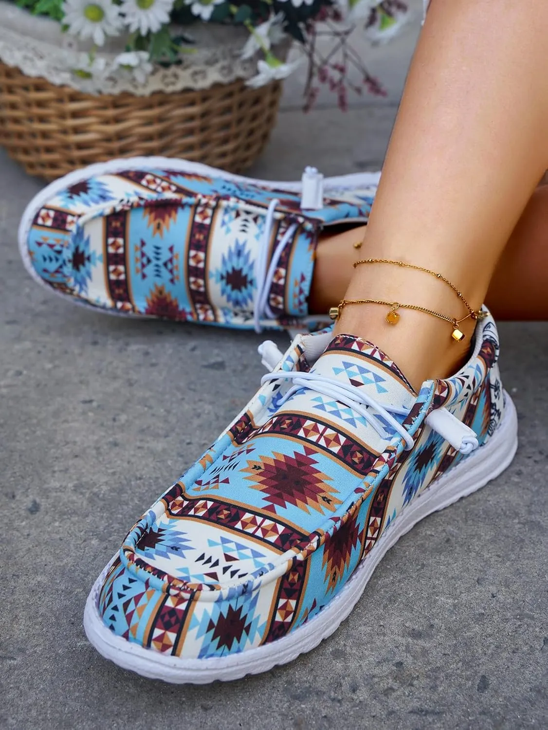 Women's Comfortable Dudes Wendy Aztec Print Lace-up Loafers Orthopedic Ultralight Canvas Boat Casual Shoes with Arch Support