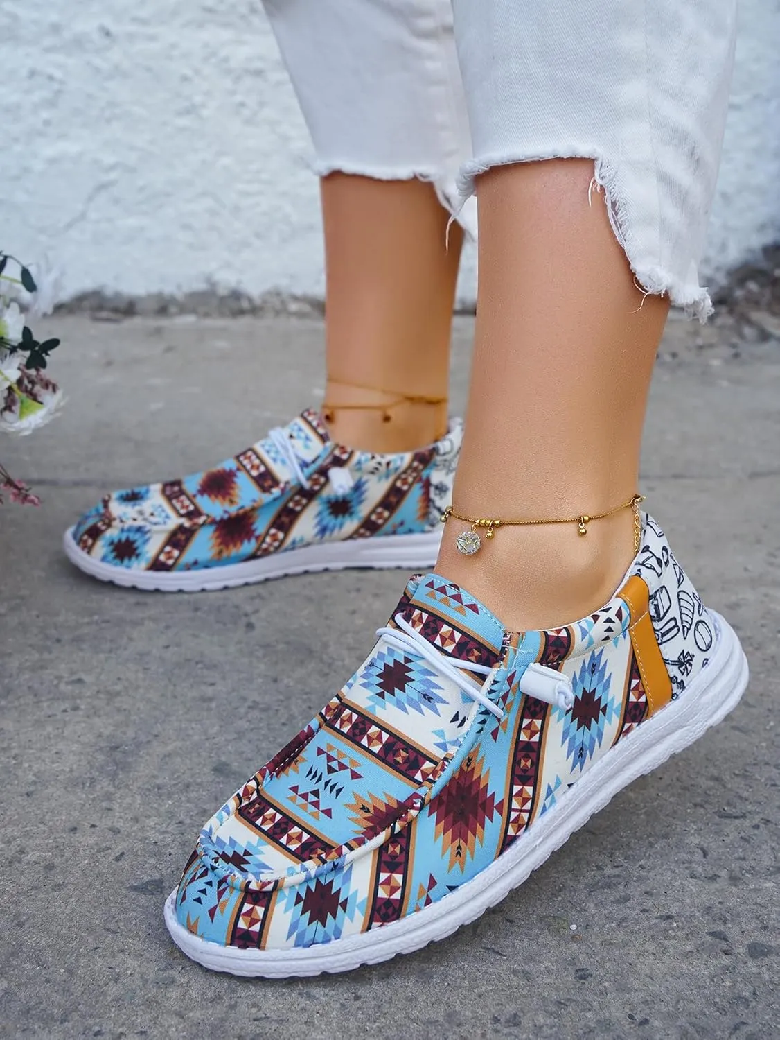 Women's Comfortable Dudes Wendy Aztec Print Lace-up Loafers Orthopedic Ultralight Canvas Boat Casual Shoes with Arch Support