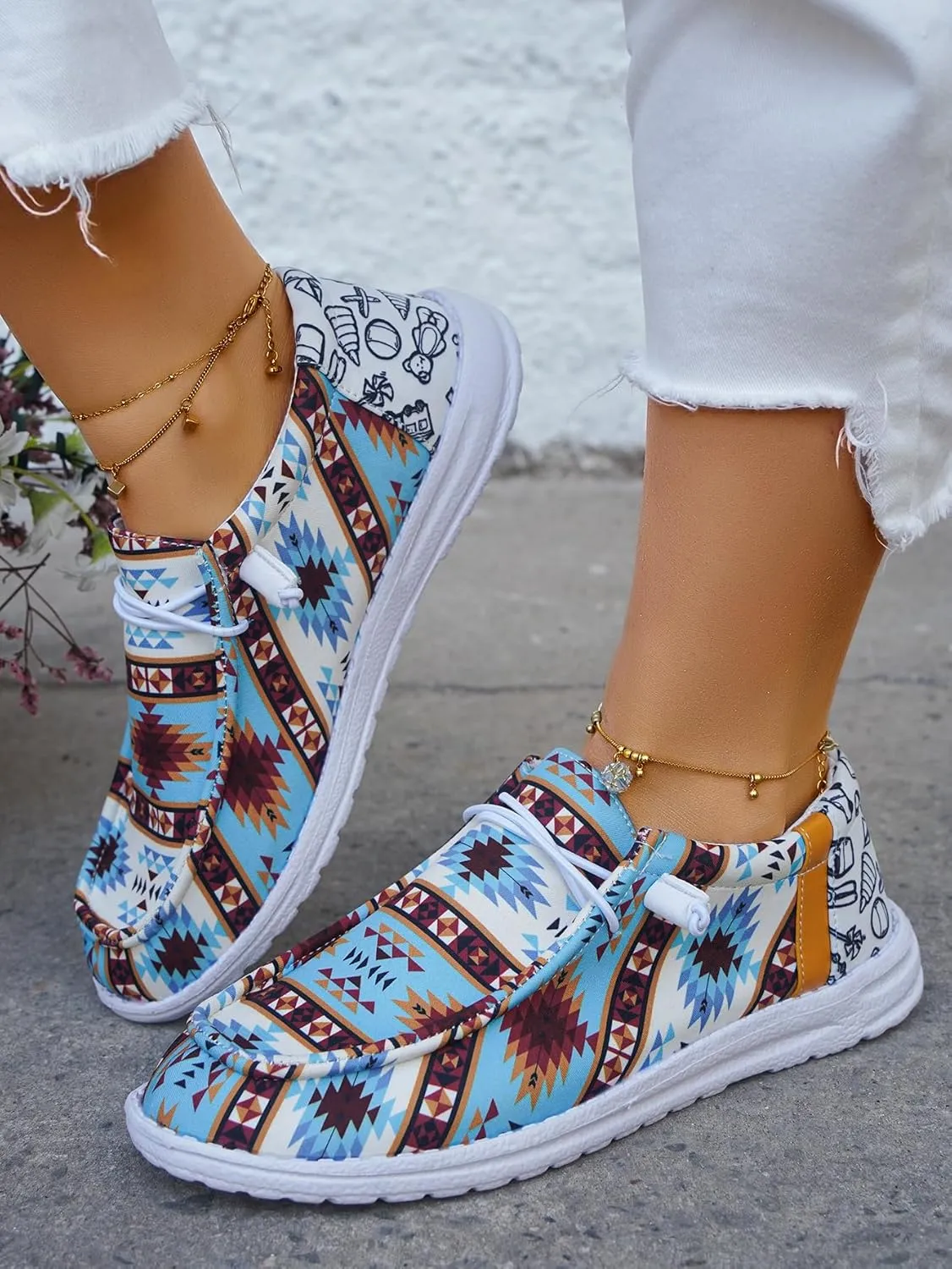 Women's Comfortable Dudes Wendy Aztec Print Lace-up Loafers Orthopedic Ultralight Canvas Boat Casual Shoes with Arch Support