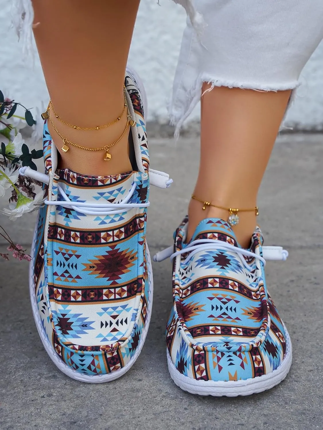 Women's Comfortable Dudes Wendy Aztec Print Lace-up Loafers Orthopedic Ultralight Canvas Boat Casual Shoes with Arch Support