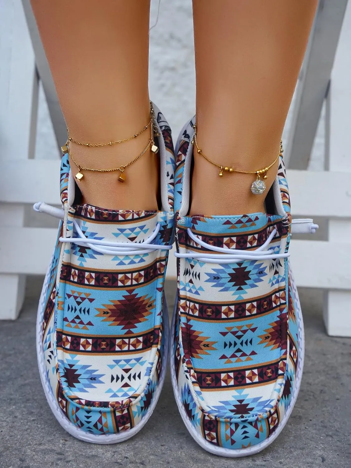 Women's Comfortable Dudes Wendy Aztec Print Lace-up Loafers Orthopedic Ultralight Canvas Boat Casual Shoes with Arch Support