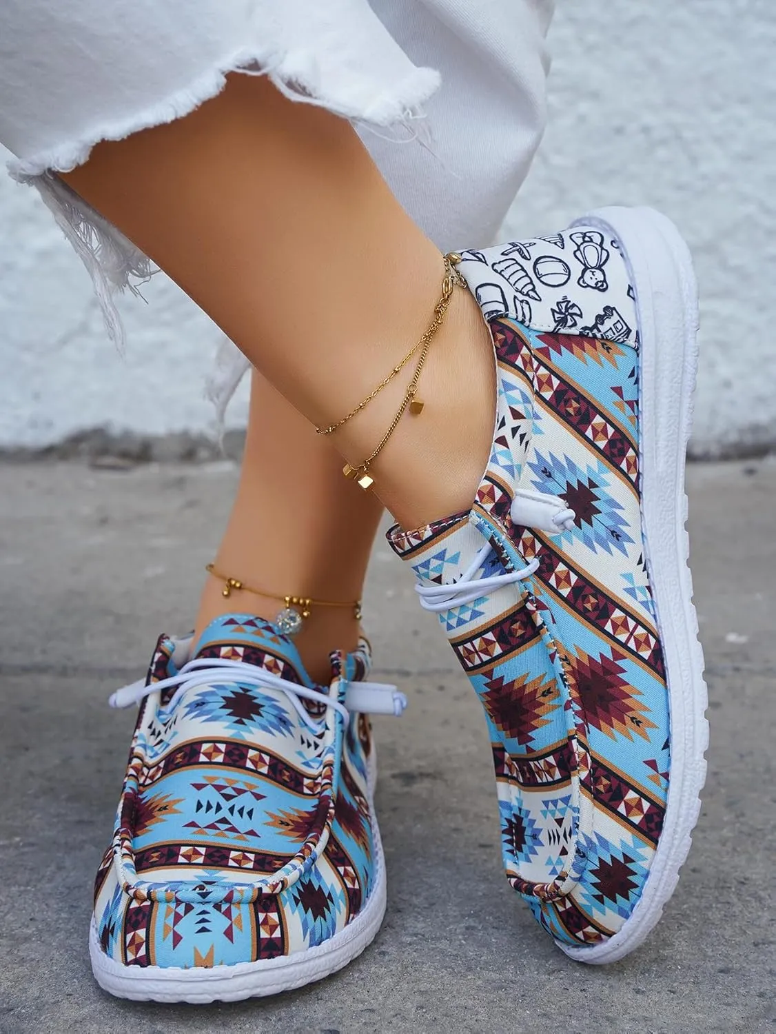 Women's Comfortable Dudes Wendy Aztec Print Lace-up Loafers Orthopedic Ultralight Canvas Boat Casual Shoes with Arch Support