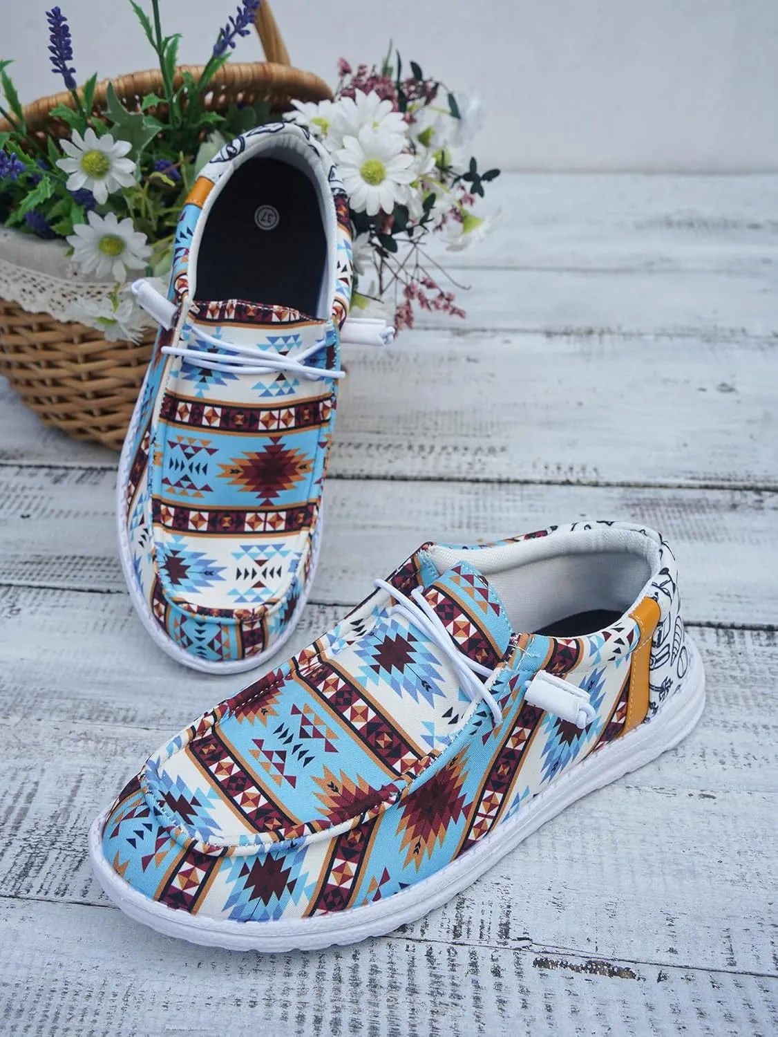 Women's Comfortable Dudes Wendy Aztec Print Lace-up Loafers Orthopedic Ultralight Canvas Boat Casual Shoes with Arch Support