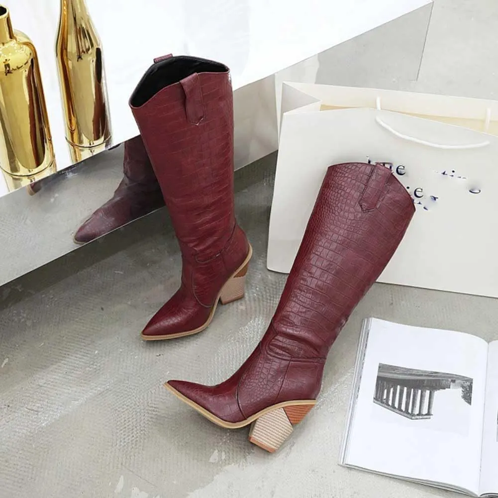 Women's Knee High Boots Chunky High Heels Sexy Pointed Toe High Boots Rain Boots Black White