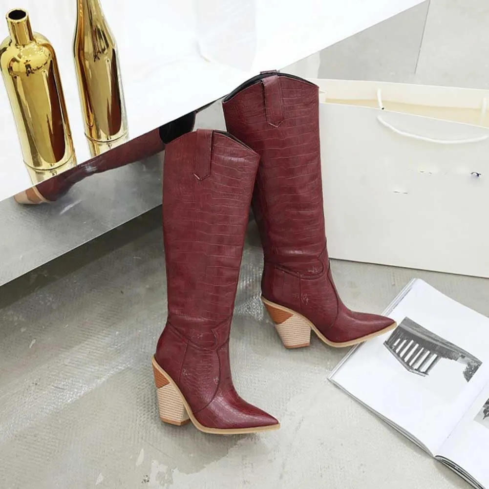Women's Knee High Boots Chunky High Heels Sexy Pointed Toe High Boots Rain Boots Black White