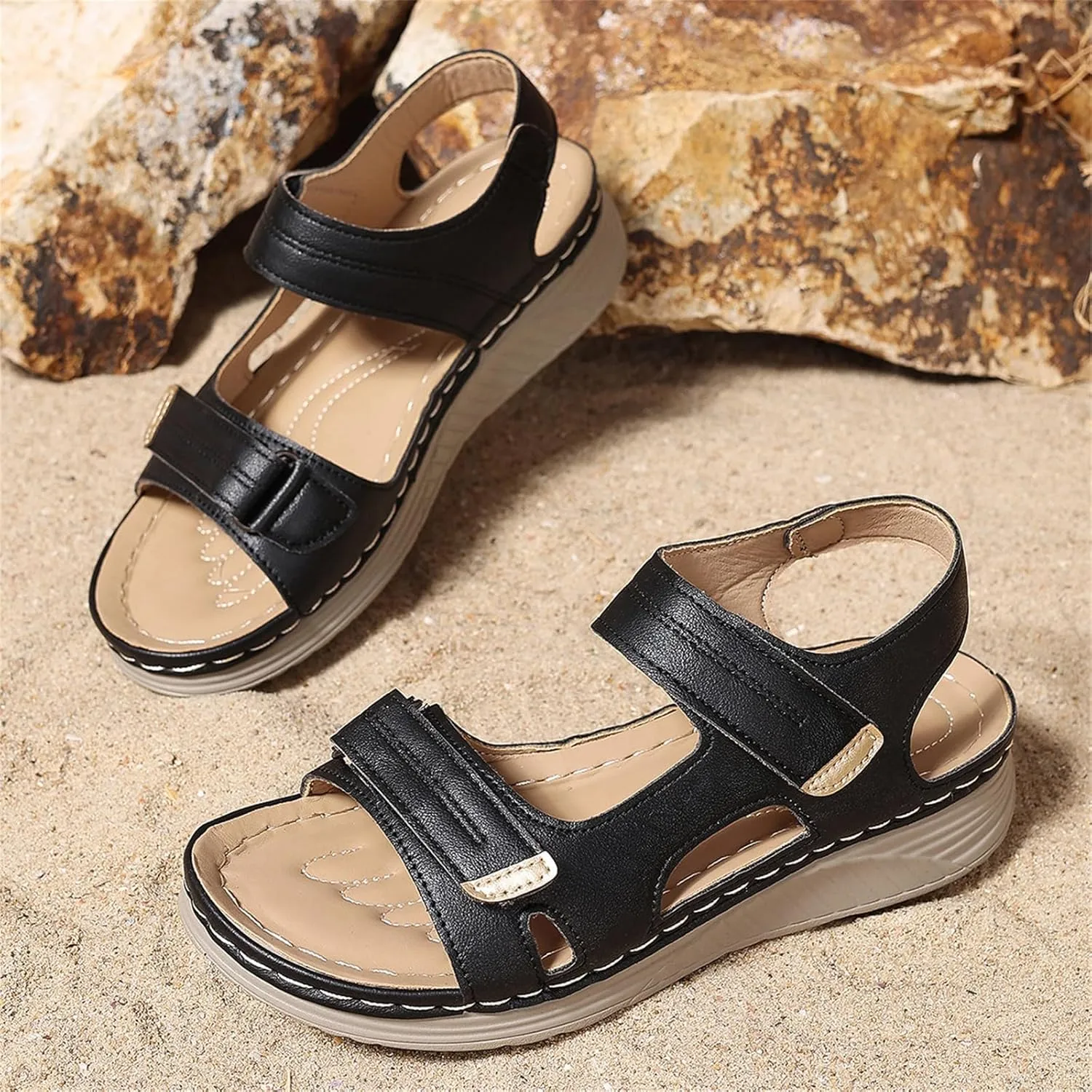 Womens Leather Sandals Wedg Heel Sandals Platform Open Toe Arch Support Shoes with Comfort Foam and Wide Widths Available Lightweight Ankle Strap Shoes