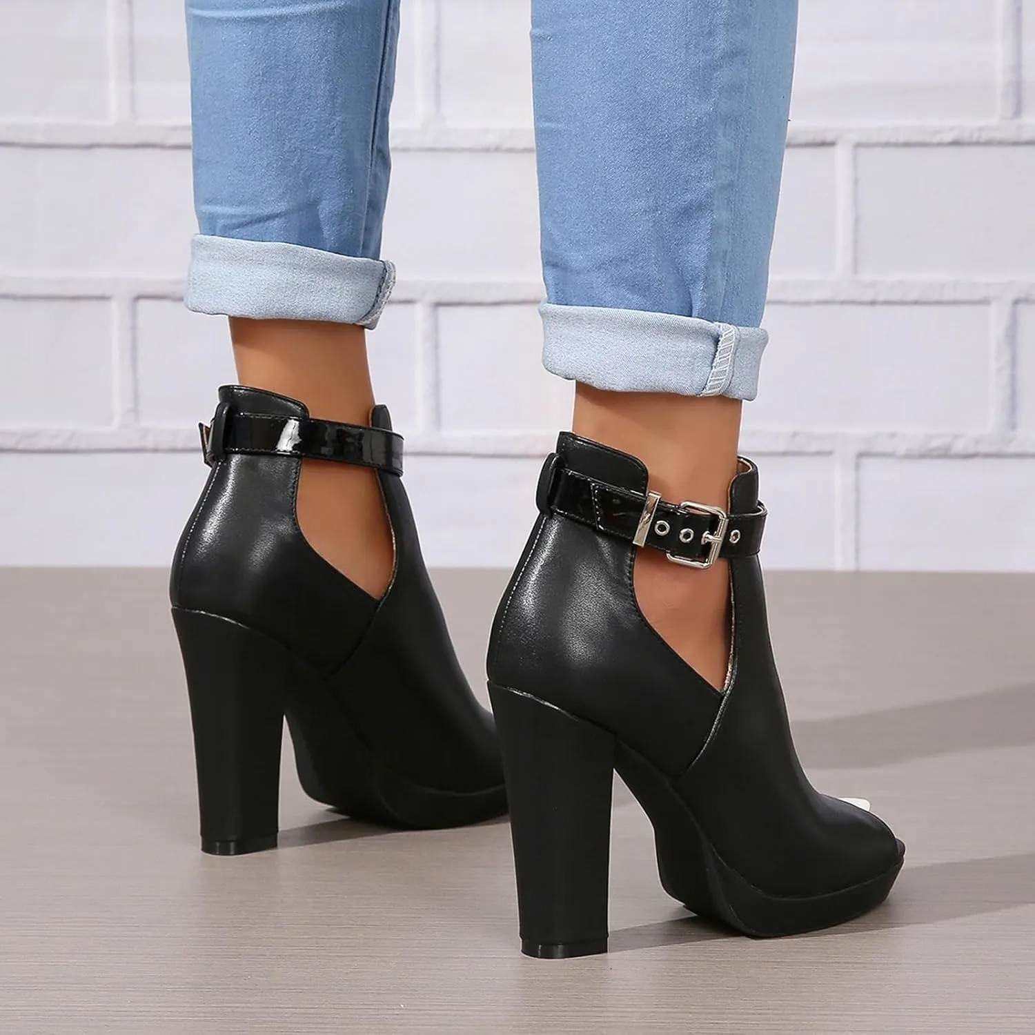 Women's Open Peep Toe Booties Cutout Side Strap Buckle Chunky Block Heel Sandal Fashion Short Ankle Boots Dressy Sandals