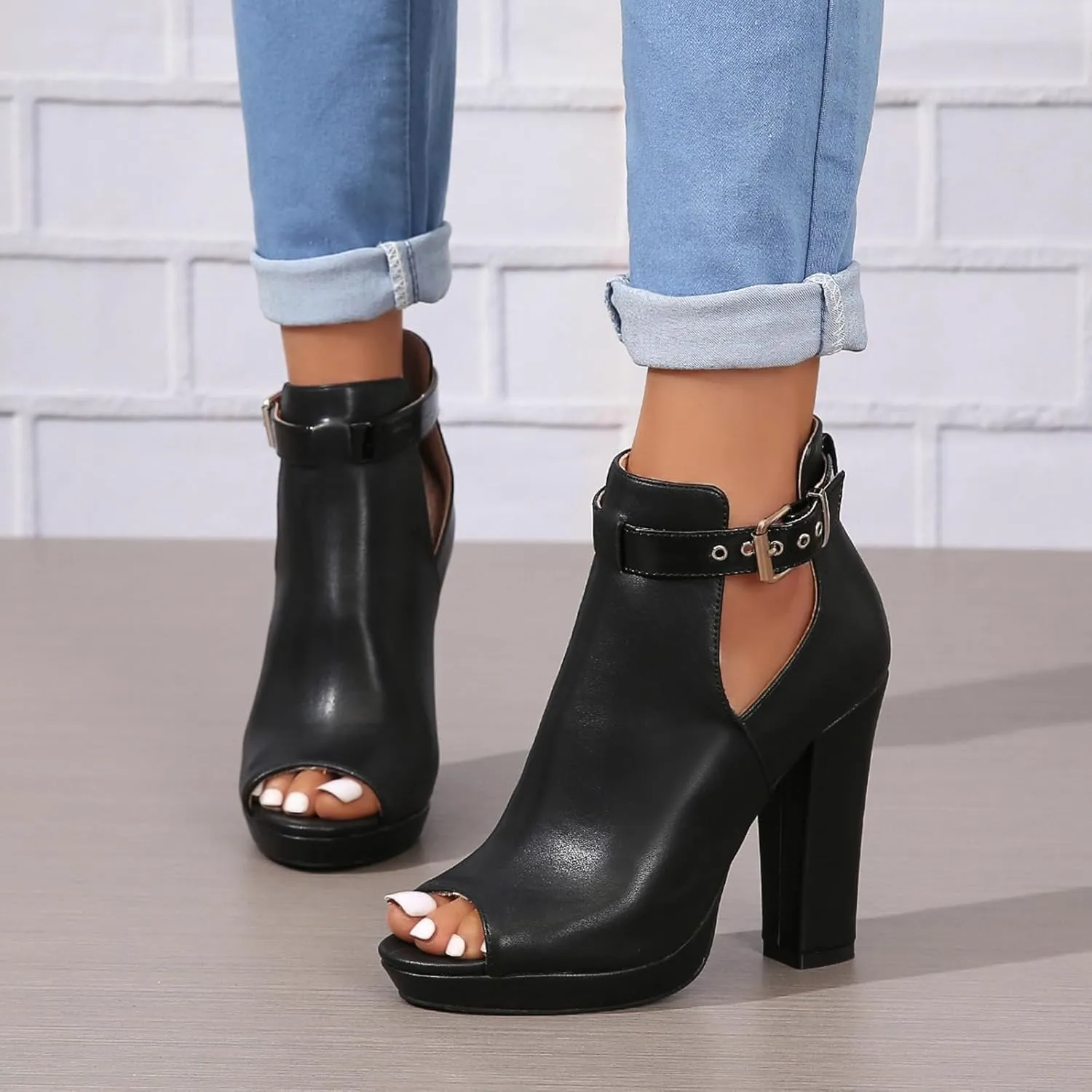 Women's Open Peep Toe Booties Cutout Side Strap Buckle Chunky Block Heel Sandal Fashion Short Ankle Boots Dressy Sandals