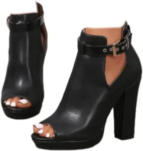 Women's Open Peep Toe Booties Cutout Side Strap Buckle Chunky Block Heel Sandal Fashion Short Ankle Boots Dressy Sandals
