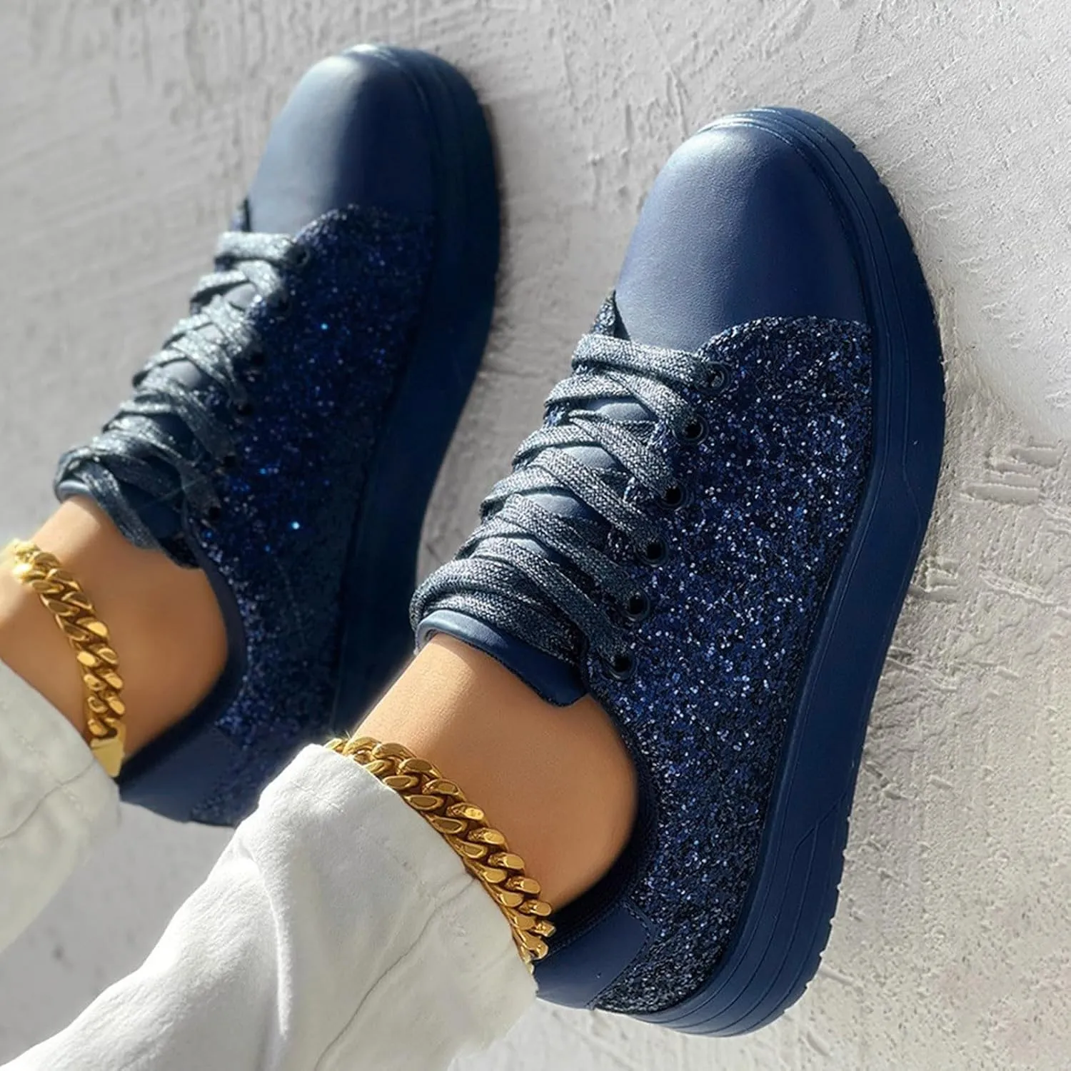Women's Platform Glitter Fashion Sneakers Dressy Sparkly Tennis Shoes Lace up Bling Wedding Bridal Shoes Shiny Sequin Shoes (a-Blue, 8)