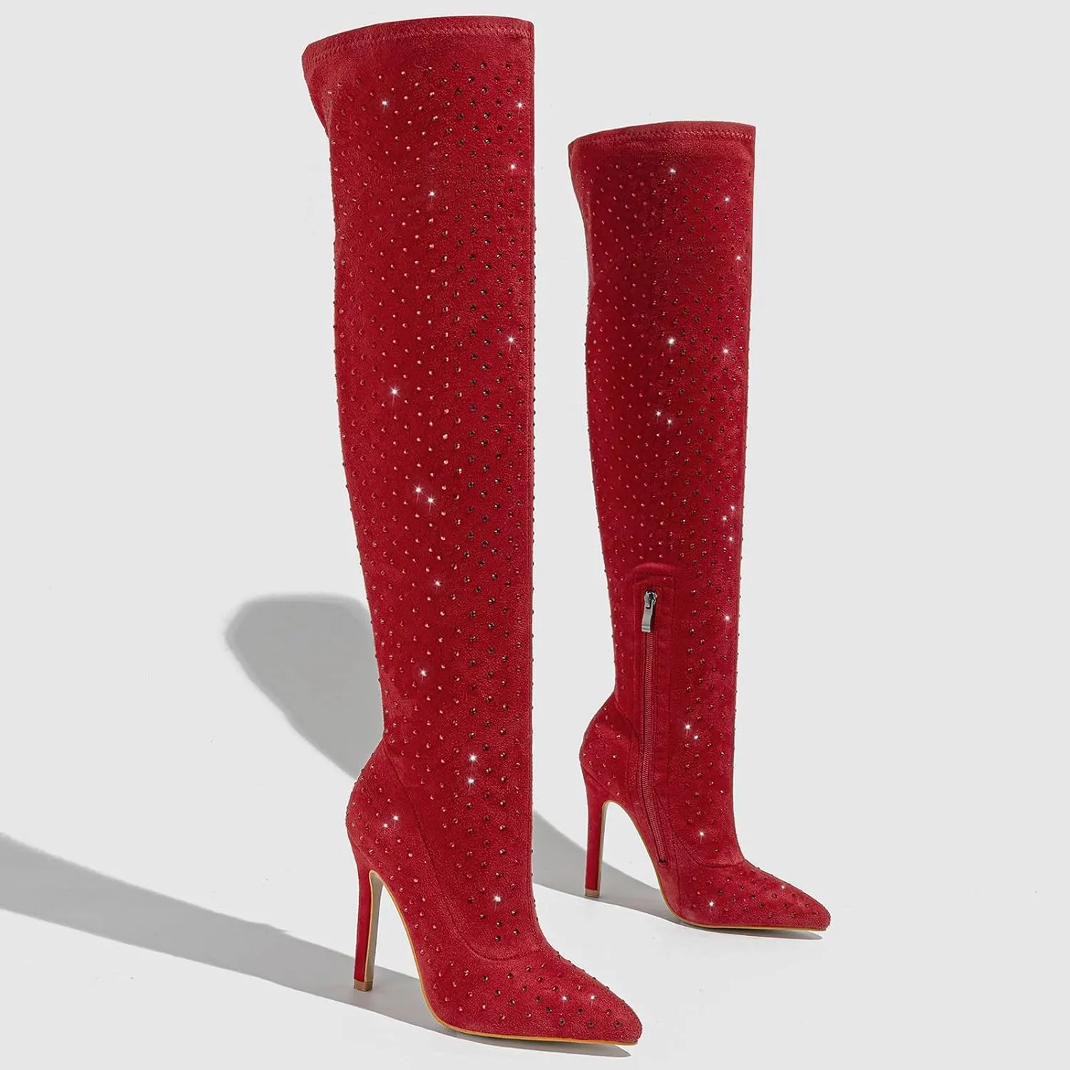 Women's Rhinestone Over The Knee Boots Sexy Thigh High Boots Glitter Pointed Toe Diamond Stiletto High Heels Side Zipper Knee High Boots Fashion Party Dress Long Boots