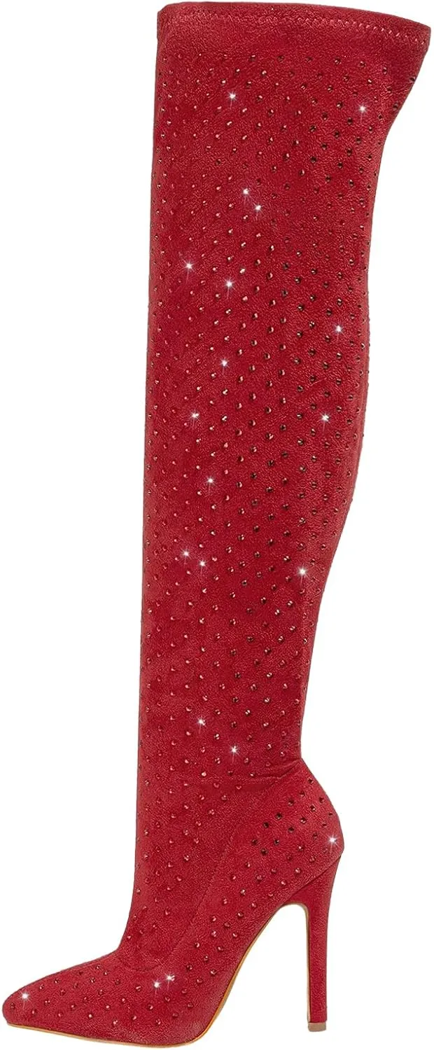 Women's Rhinestone Over The Knee Boots Sexy Thigh High Boots Glitter Pointed Toe Diamond Stiletto High Heels Side Zipper Knee High Boots Fashion Party Dress Long Boots