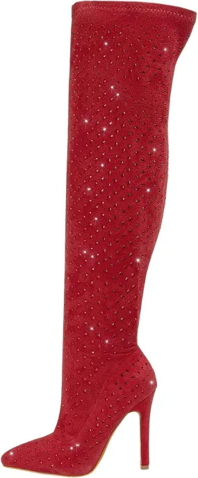 Women's Rhinestone Over The Knee Boots Sexy Thigh High Boots Glitter Pointed Toe Diamond Stiletto High Heels Side Zipper Knee High Boots Fashion Party Dress Long Boots