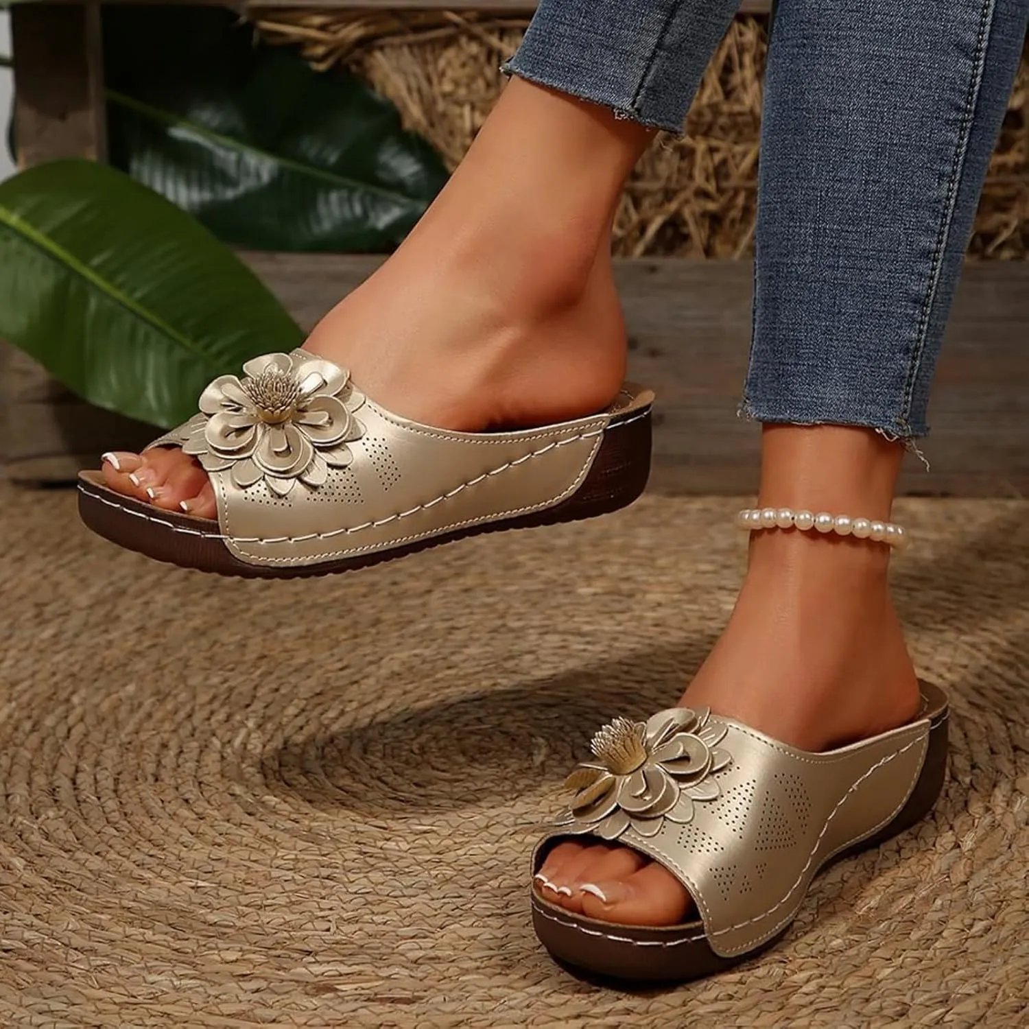 Womens Sandals 2025 Wedge Sandals Summer Beach Sandal Low Open Toe Ladies Boho Slip on Comfortable Flower Shoes Fashion Trendy Dressy Walking Sandal 2025