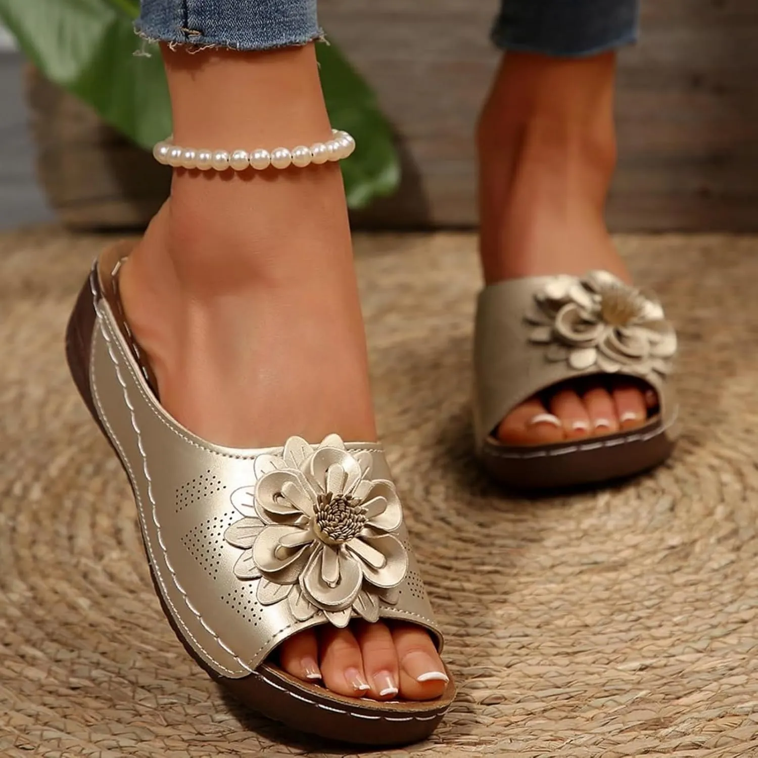 Womens Sandals 2025 Wedge Sandals Summer Beach Sandal Low Open Toe Ladies Boho Slip on Comfortable Flower Shoes Fashion Trendy Dressy Walking Sandal 2025