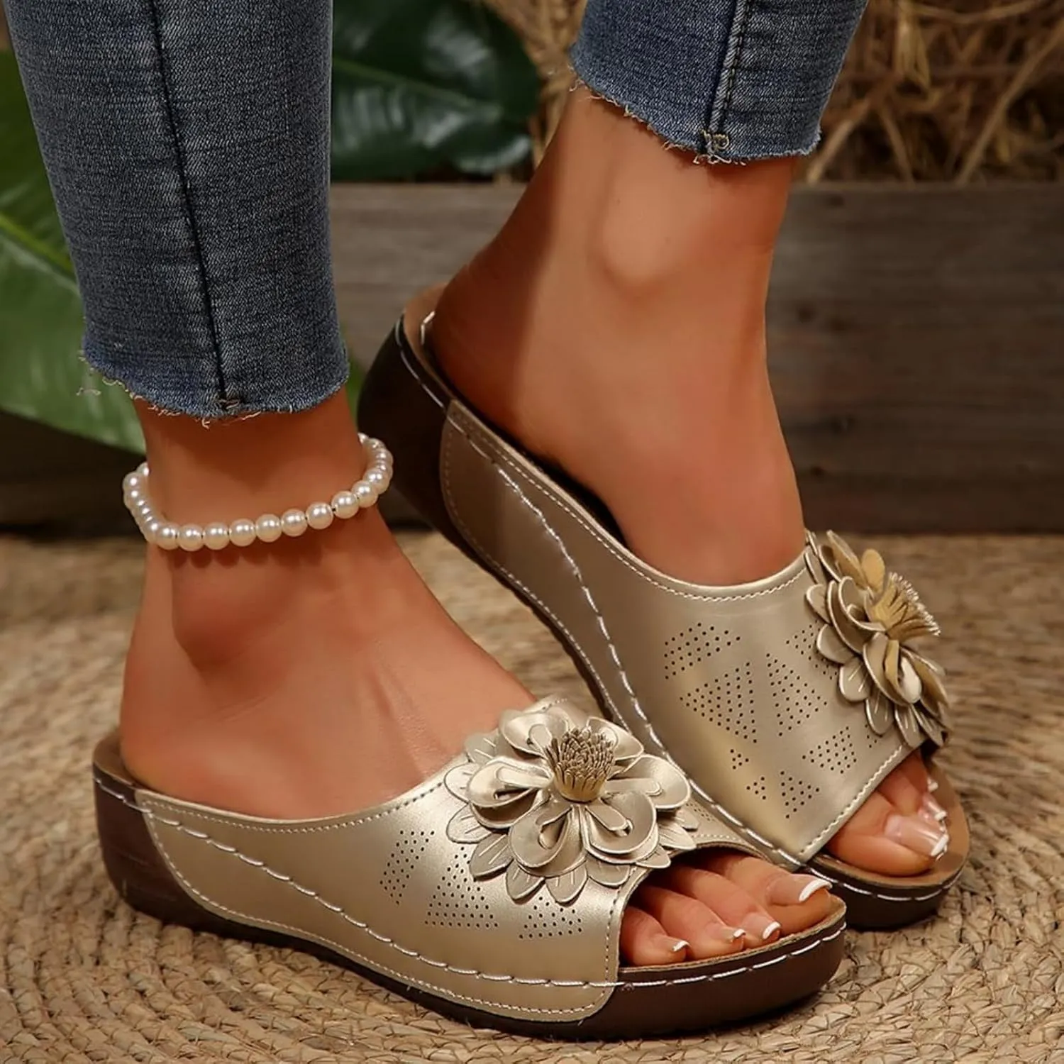 Womens Sandals 2025 Wedge Sandals Summer Beach Sandal Low Open Toe Ladies Boho Slip on Comfortable Flower Shoes Fashion Trendy Dressy Walking Sandal 2025