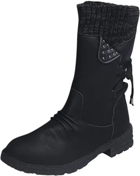 Women's Snow Boots Chunky Platform Boots for Women, Square Toe Shoes Lace up Zip High Heel Booties Combat Mid Calf Boots