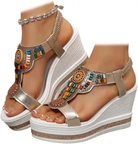 Women's Wedge Sandals Platform Jeweled Bohemian Platform Elastic Ankle Strap Sandals Open Toe Dressy Casual Summer Shoes