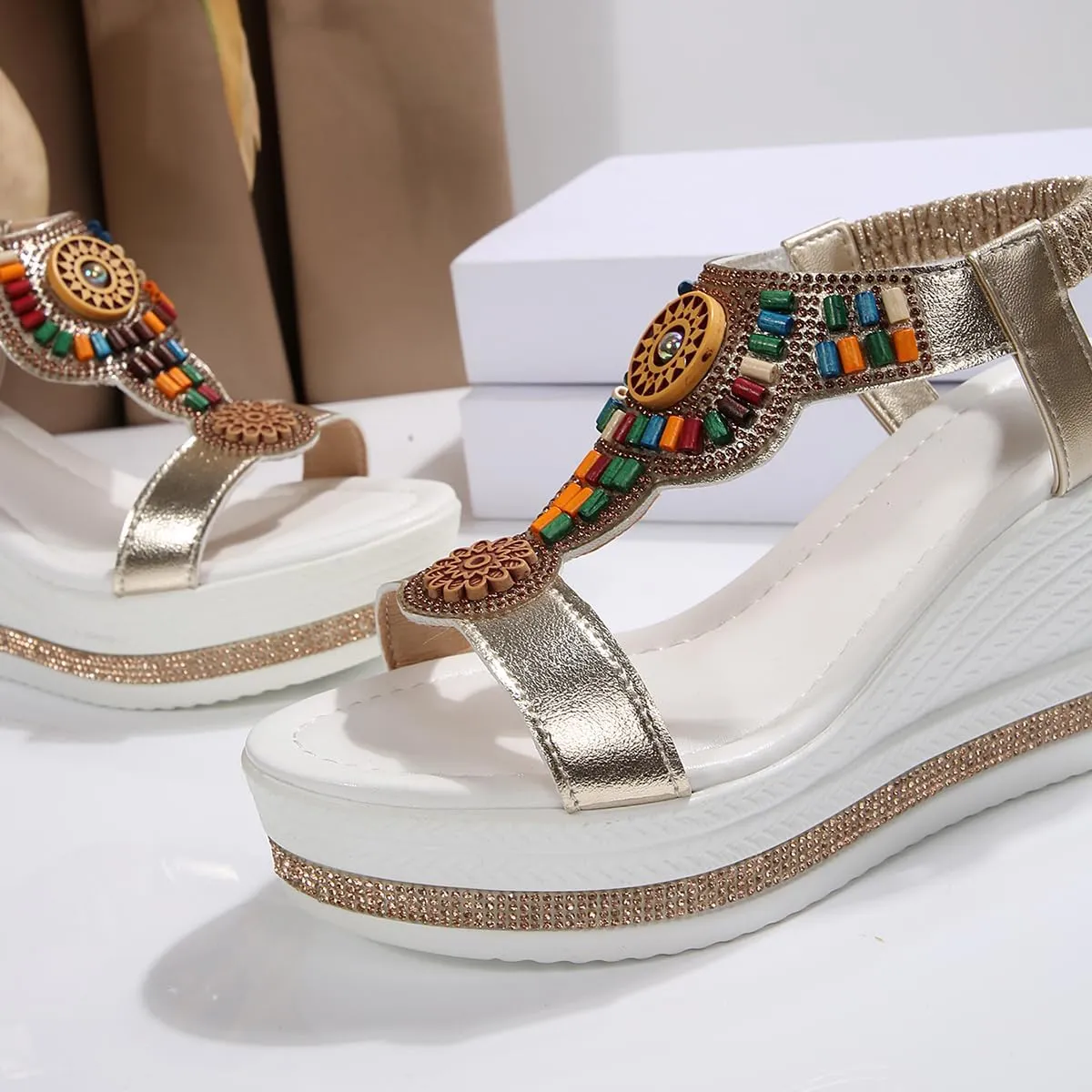 Women's Wedge Sandals Platform Jeweled Bohemian Platform Elastic Ankle Strap Sandals Open Toe Dressy Casual Summer Shoes