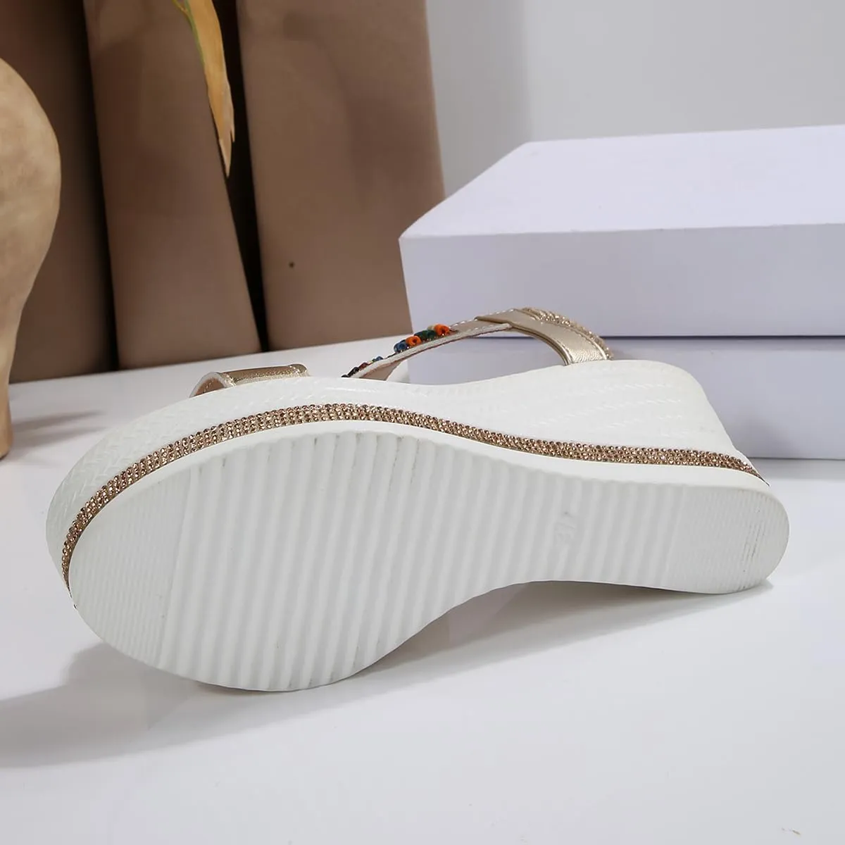 Women's Wedge Sandals Platform Jeweled Bohemian Platform Elastic Ankle Strap Sandals Open Toe Dressy Casual Summer Shoes