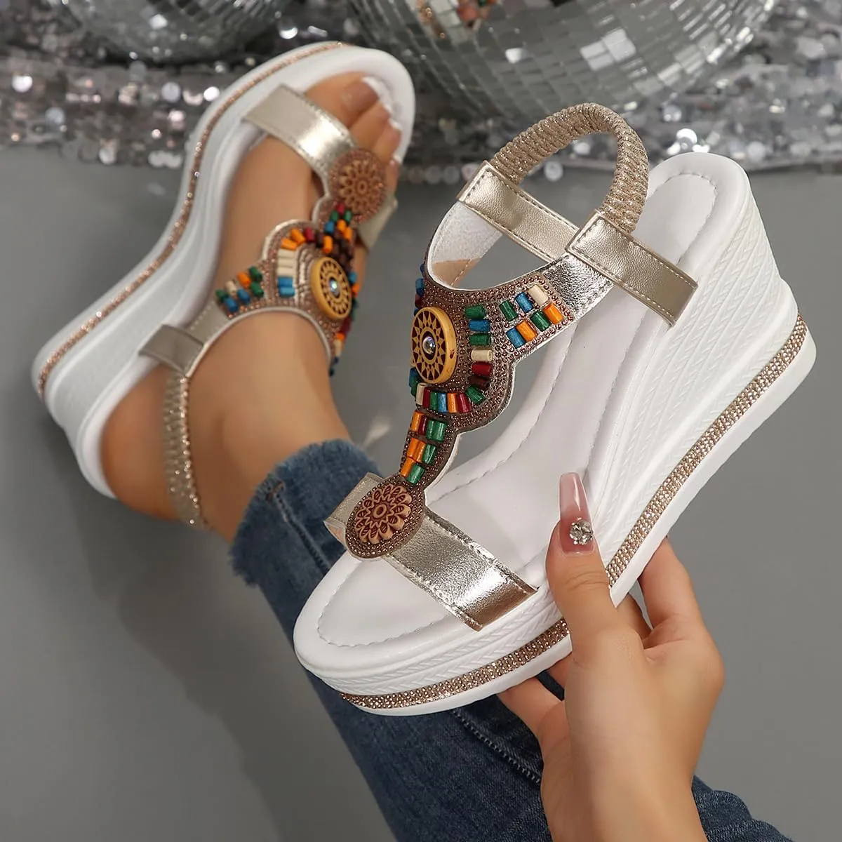Women's Wedge Sandals Platform Jeweled Bohemian Platform Elastic Ankle Strap Sandals Open Toe Dressy Casual Summer Shoes