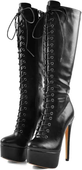 Yolkomo Women's Over The Knee Pull On Buckle Stiletto Heeled Lace Up Boots