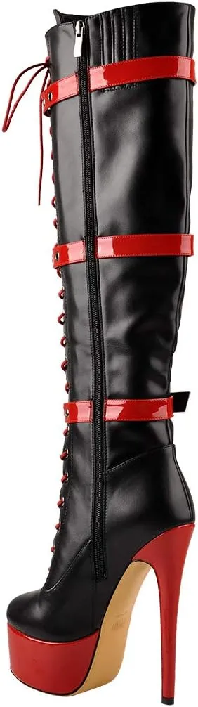 Yolkomo Women's Over The Knee Pull On Buckle Stiletto Heeled Lace Up Boots