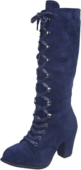 ZBYY Women's Knee High Mid Calf Boots Lace Up Adjustable Straps Chunky High Heels Casual Motorcycle Military Riding Booties