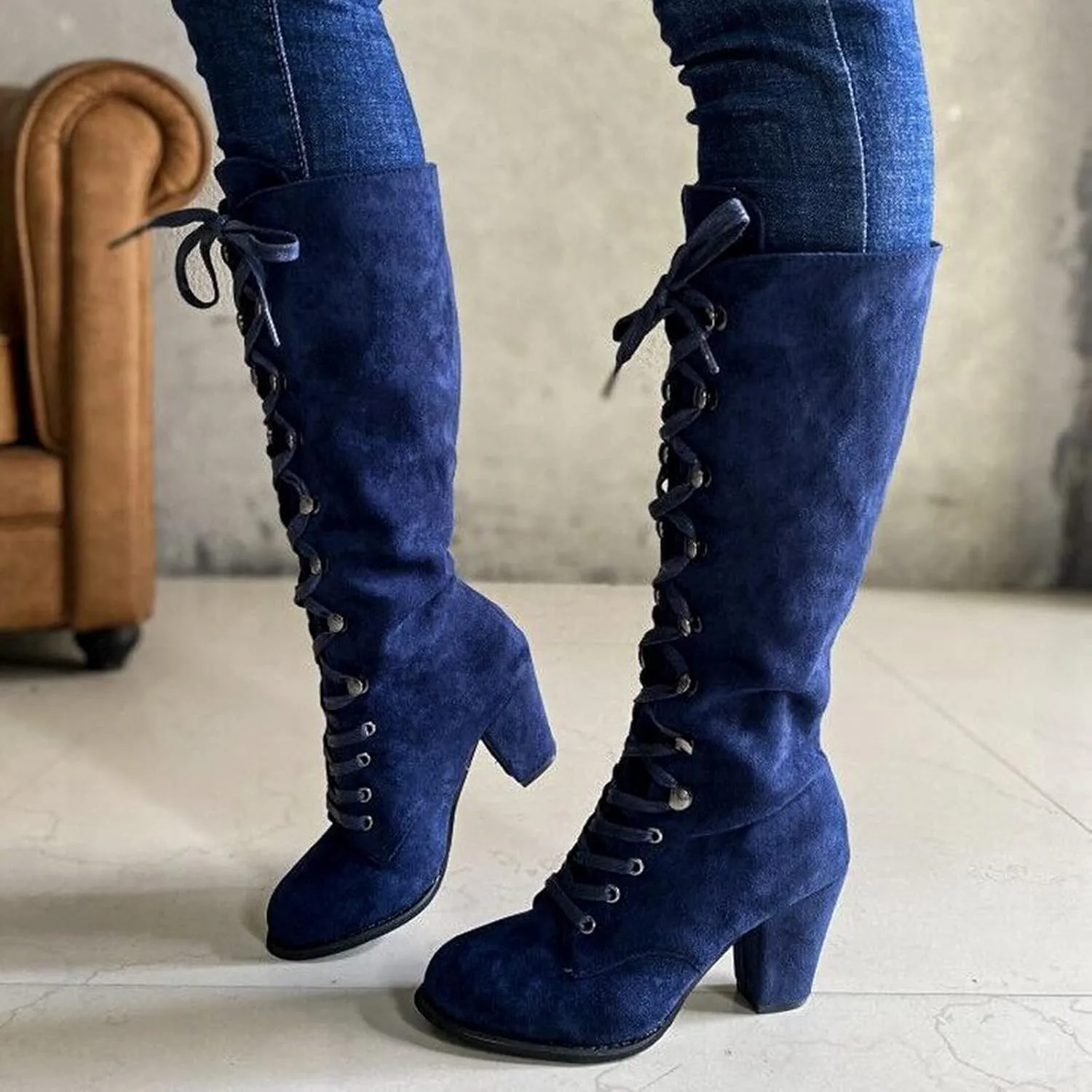 ZBYY Women's Knee High Mid Calf Boots Lace Up Adjustable Straps Chunky High Heels Casual Motorcycle Military Riding Booties