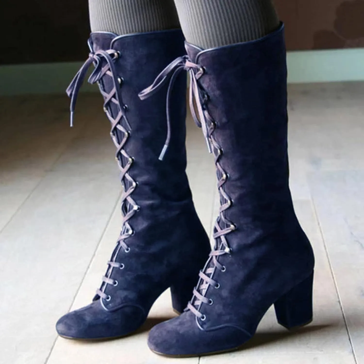 ZBYY Women's Knee High Mid Calf Boots Lace Up Adjustable Straps Chunky High Heels Casual Motorcycle Military Riding Booties