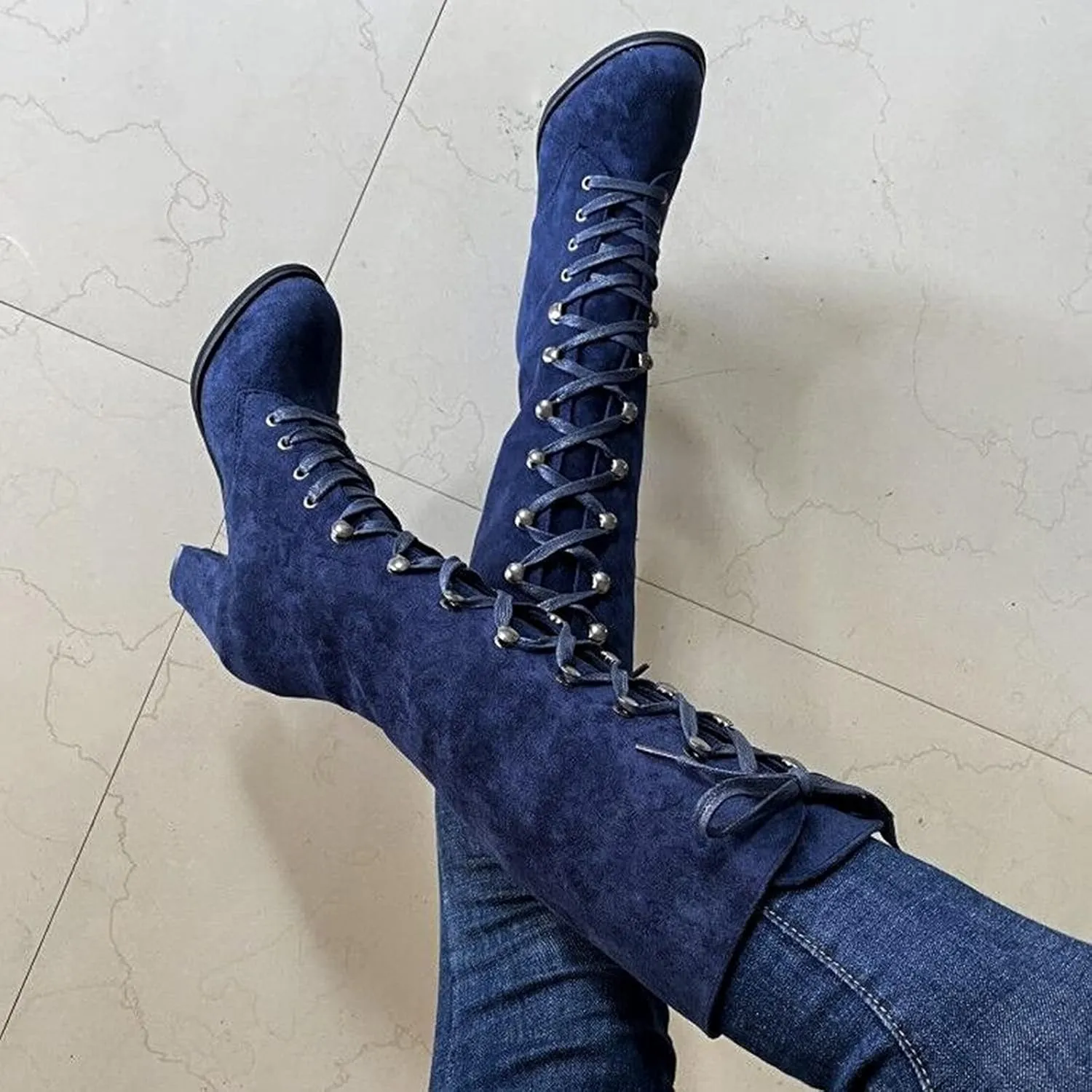 ZBYY Women's Knee High Mid Calf Boots Lace Up Adjustable Straps Chunky High Heels Casual Motorcycle Military Riding Booties