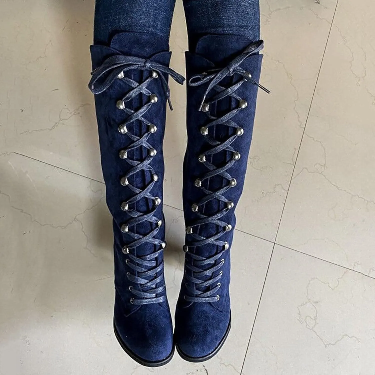 ZBYY Women's Knee High Mid Calf Boots Lace Up Adjustable Straps Chunky High Heels Casual Motorcycle Military Riding Booties