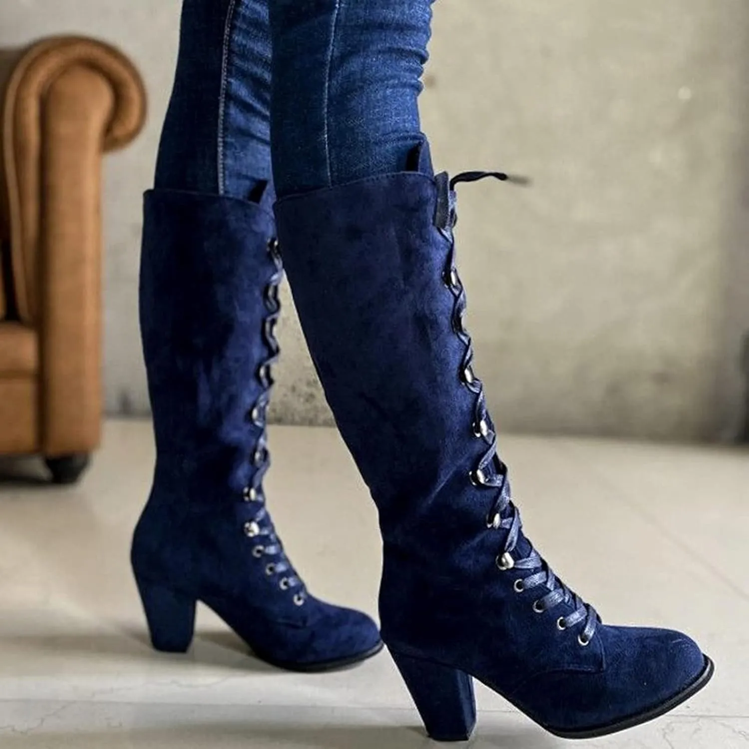 ZBYY Women's Knee High Mid Calf Boots Lace Up Adjustable Straps Chunky High Heels Casual Motorcycle Military Riding Booties