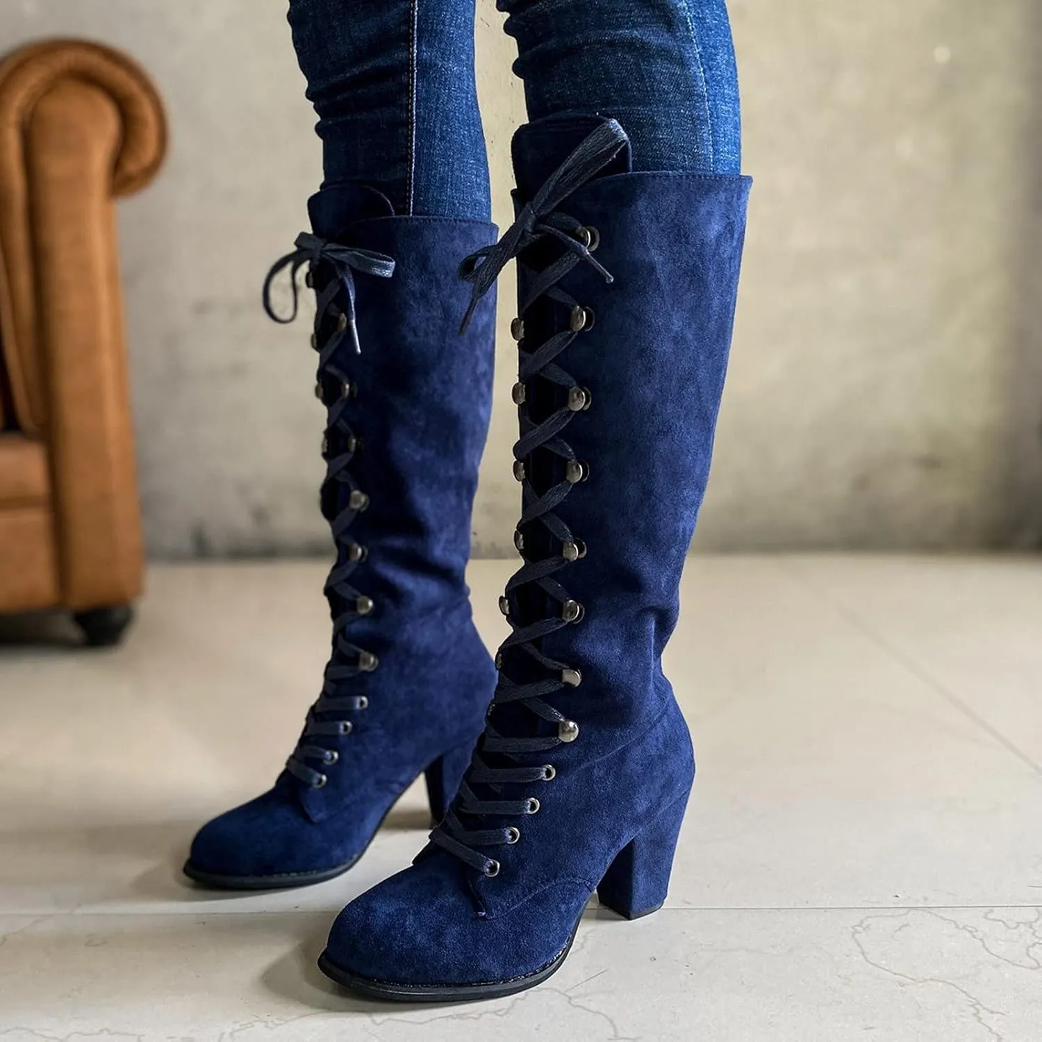 ZBYY Women's Knee High Mid Calf Boots Lace Up Adjustable Straps Chunky High Heels Casual Motorcycle Military Riding Booties