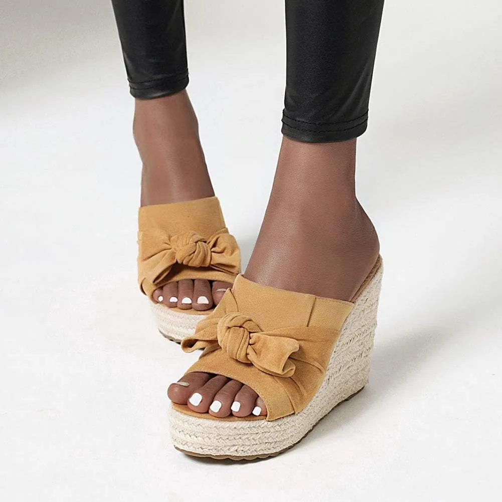 ZBYY Women's Platform Espadrille Wedge Slide Sandals Bow Knot Open Toe Slip on Summer Slides Beach Sandals for Women