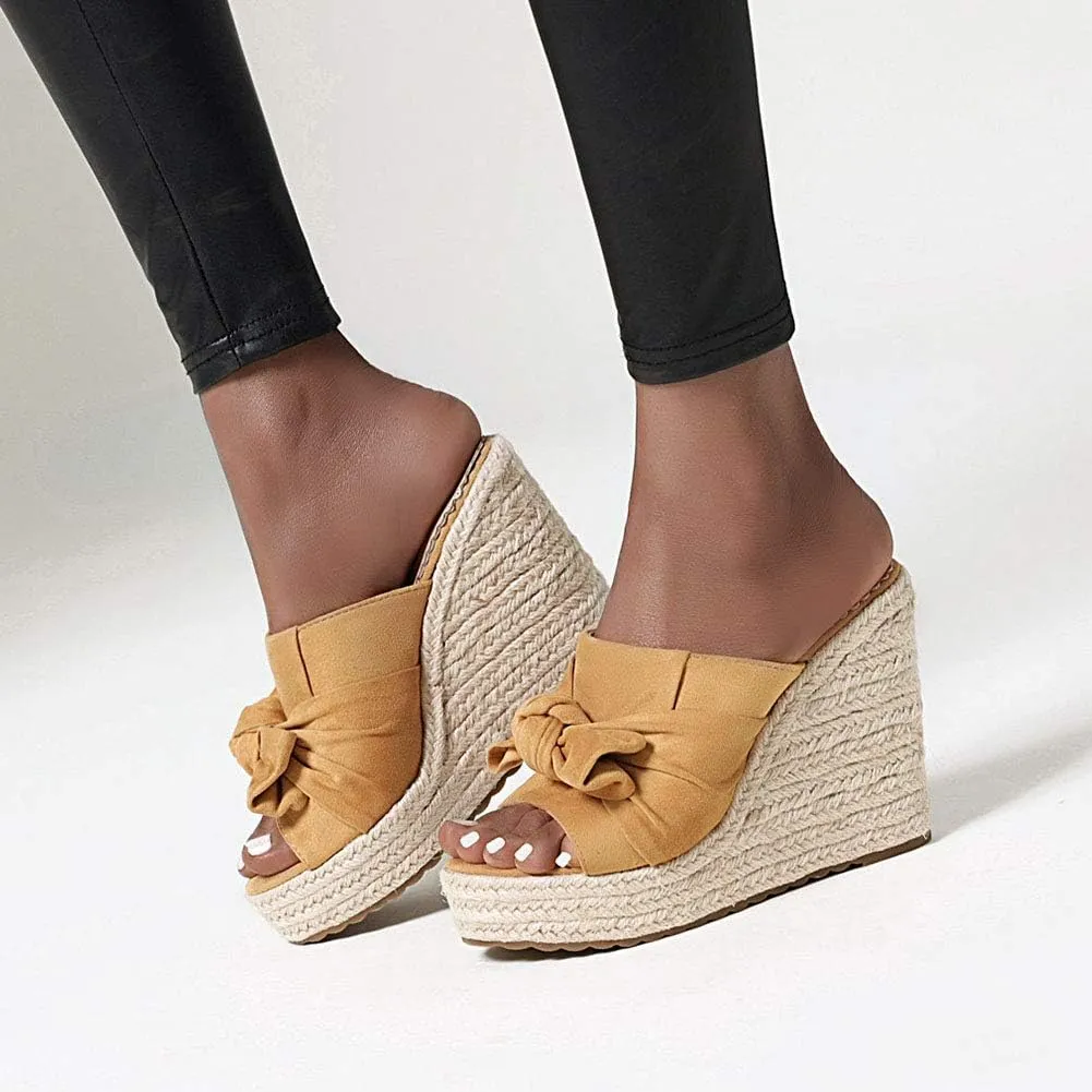 ZBYY Women's Platform Espadrille Wedge Slide Sandals Bow Knot Open Toe Slip on Summer Slides Beach Sandals for Women
