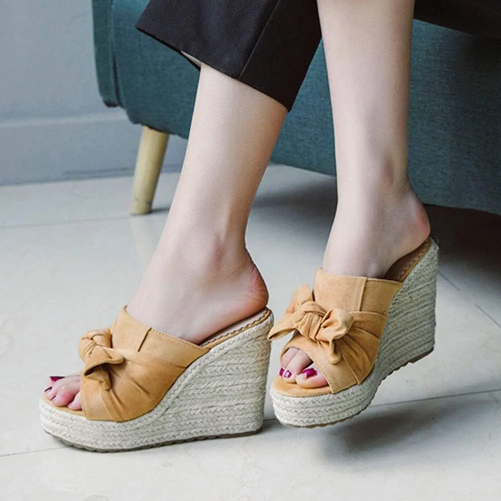 ZBYY Women's Platform Espadrille Wedge Slide Sandals Bow Knot Open Toe Slip on Summer Slides Beach Sandals for Women