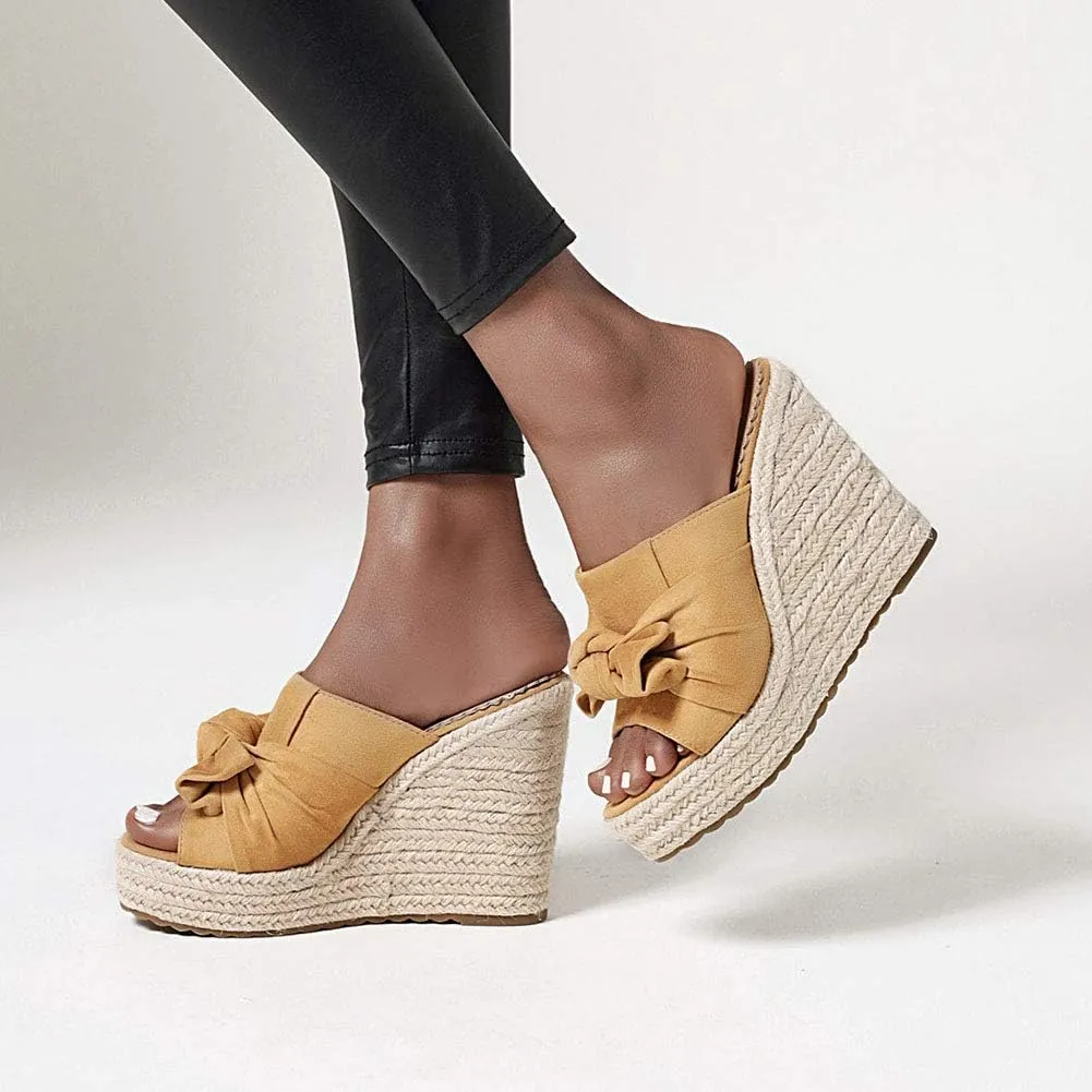 ZBYY Women's Platform Espadrille Wedge Slide Sandals Bow Knot Open Toe Slip on Summer Slides Beach Sandals for Women