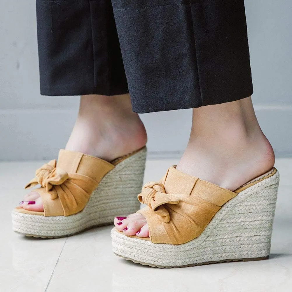 ZBYY Women's Platform Espadrille Wedge Slide Sandals Bow Knot Open Toe Slip on Summer Slides Beach Sandals for Women
